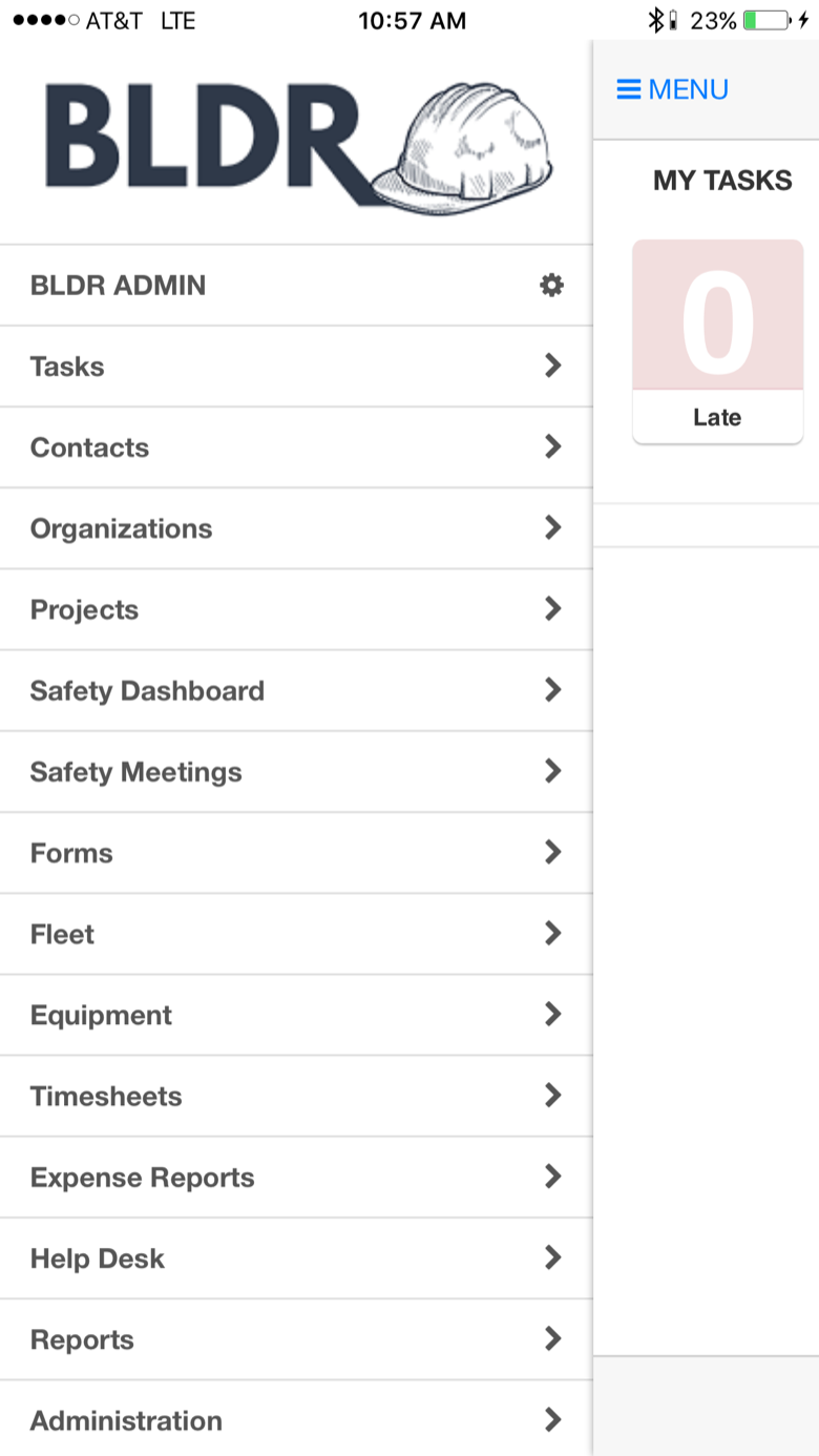 BLDR mobile app dashboard