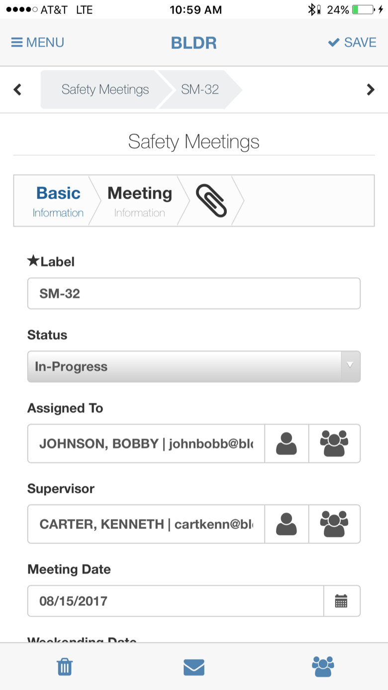 BLDR mobile app project screen