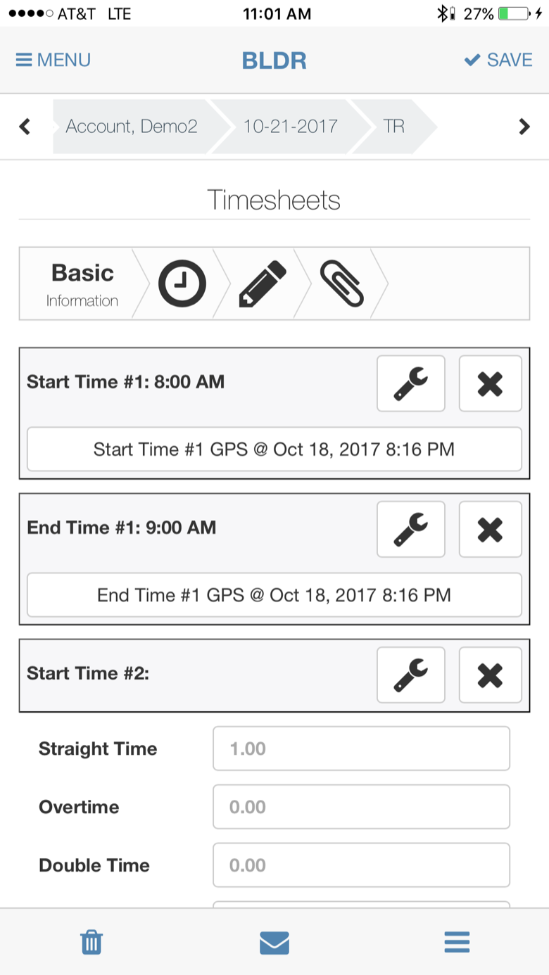BLDR mobile app timesheet screen